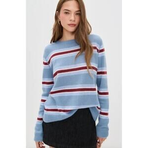 Reformation Light Blue Striped Crewneck Sweater with Burgundy & White Stripes
